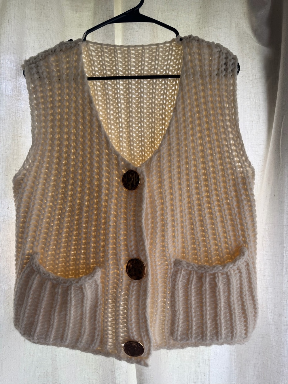 Cozy Chunky Knit Sweater Vest with Gold Buttons - Cream